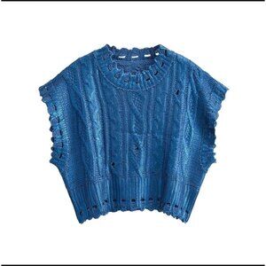 Women Crop Metallic Sleeveless Sweater Medium Blue Knit Vest Foil Round Neck